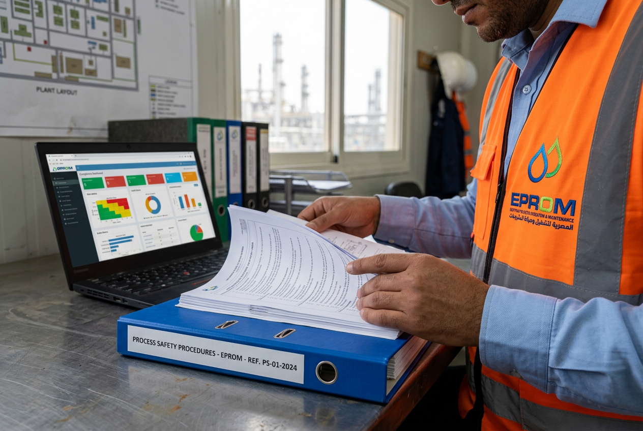 EPROM engineer flipping through PSM procedure binder