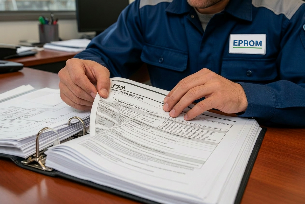 EPROM engineer flipping through PSM procedure binder