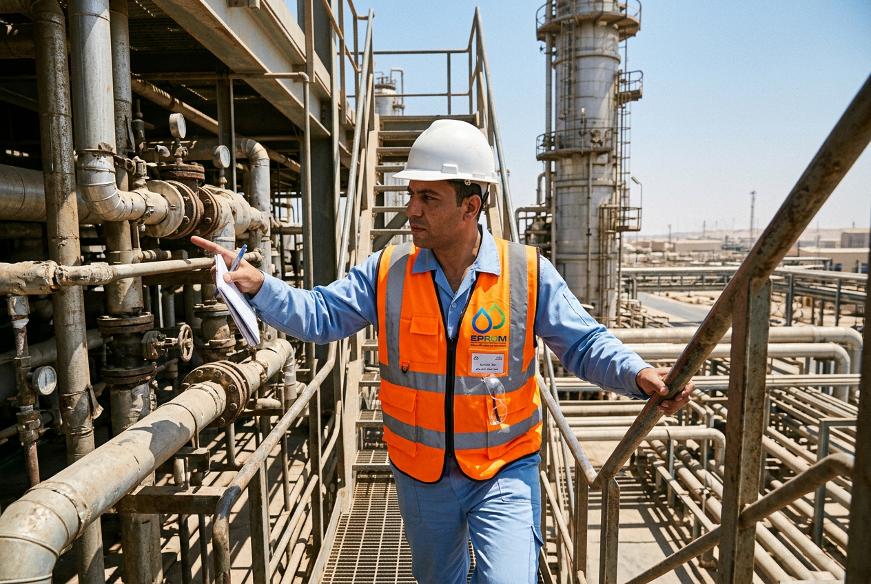EPROM engineer inspecting elevated piping